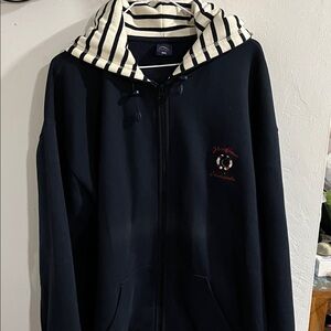Classic Navy Zip-Up Men's Sweater with Striped Hood